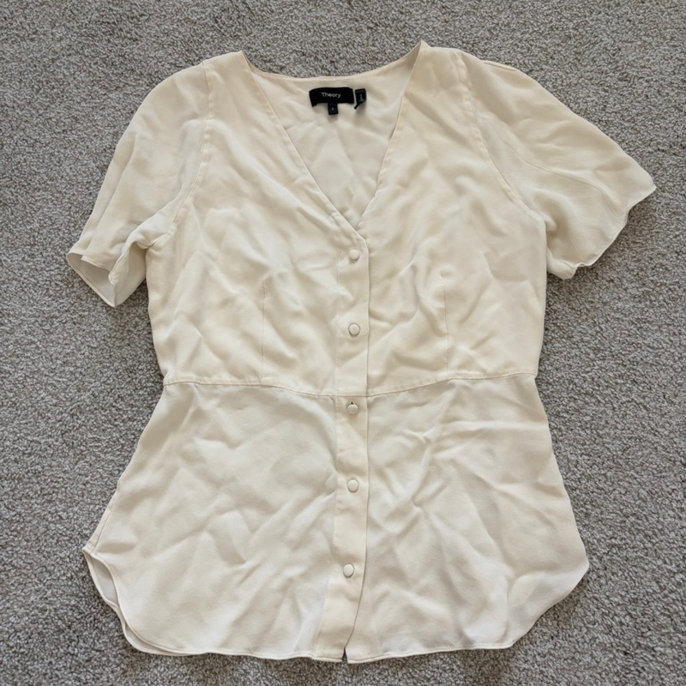 Theory Womens Cream V-Neck Button Front Short Sleeve Peplum Blouse Size S